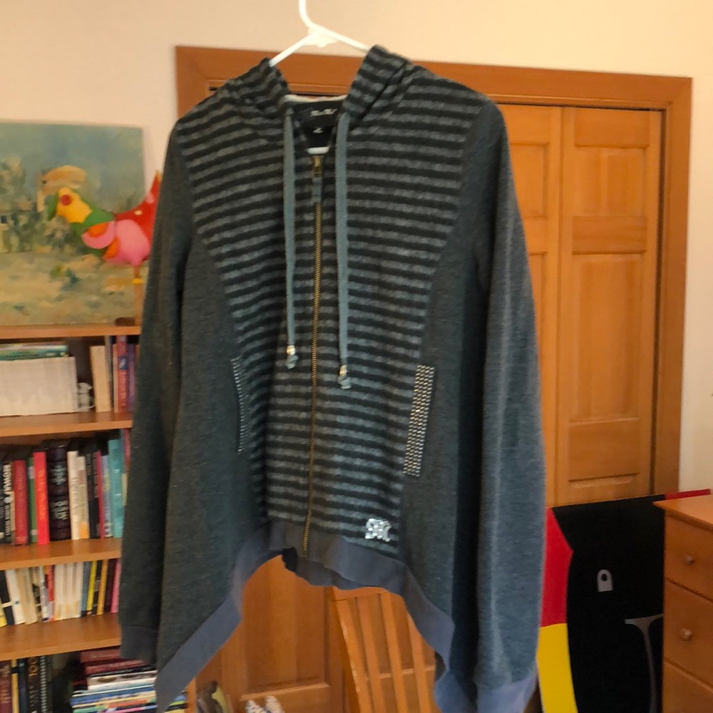 Zip sweatshirt fleece hood black grey asymmetric